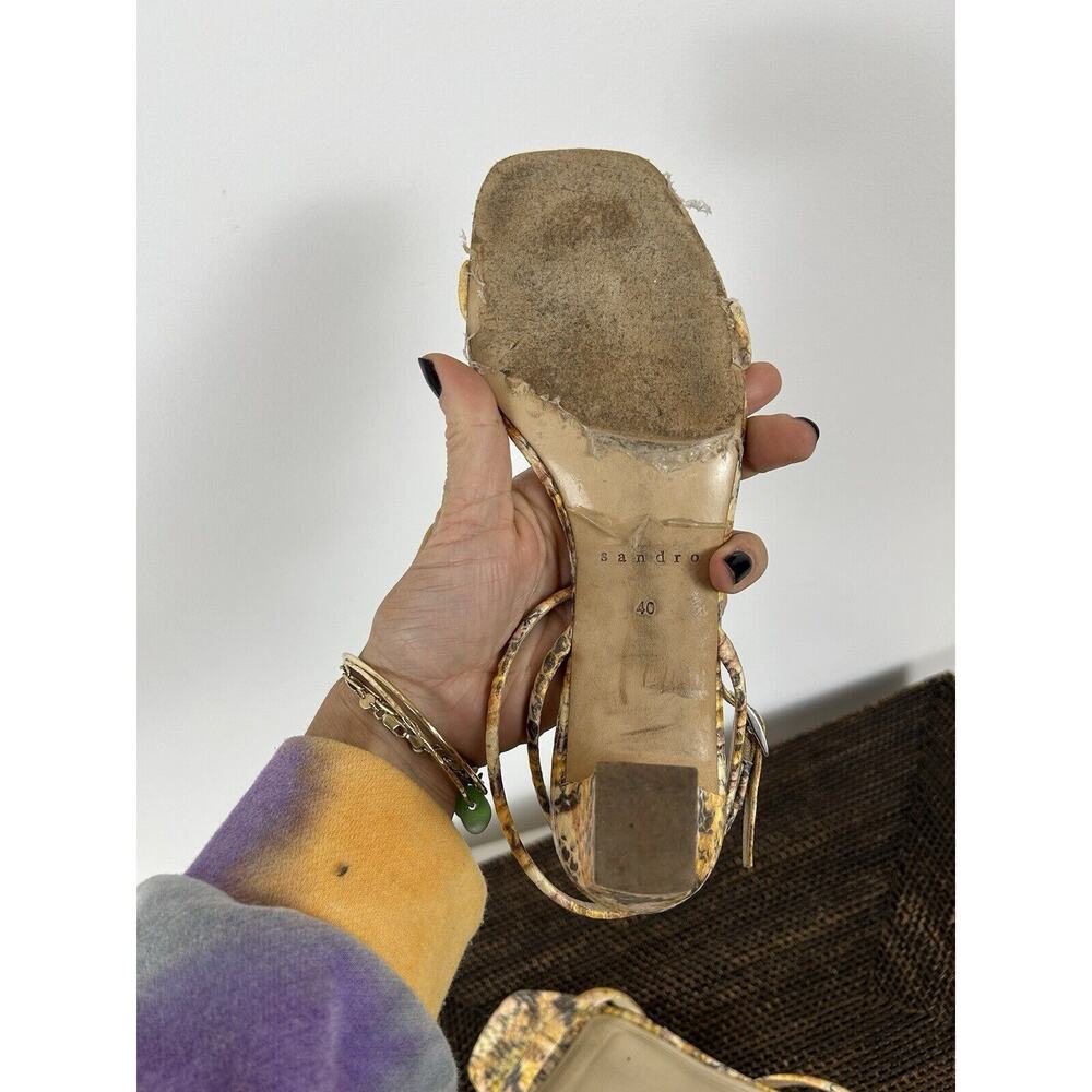 Sandro Ankle Strap Maeva Yellow Brown‎ Snakeskin Leather Sandals EU40 US9 Square - Picture 9 of 10